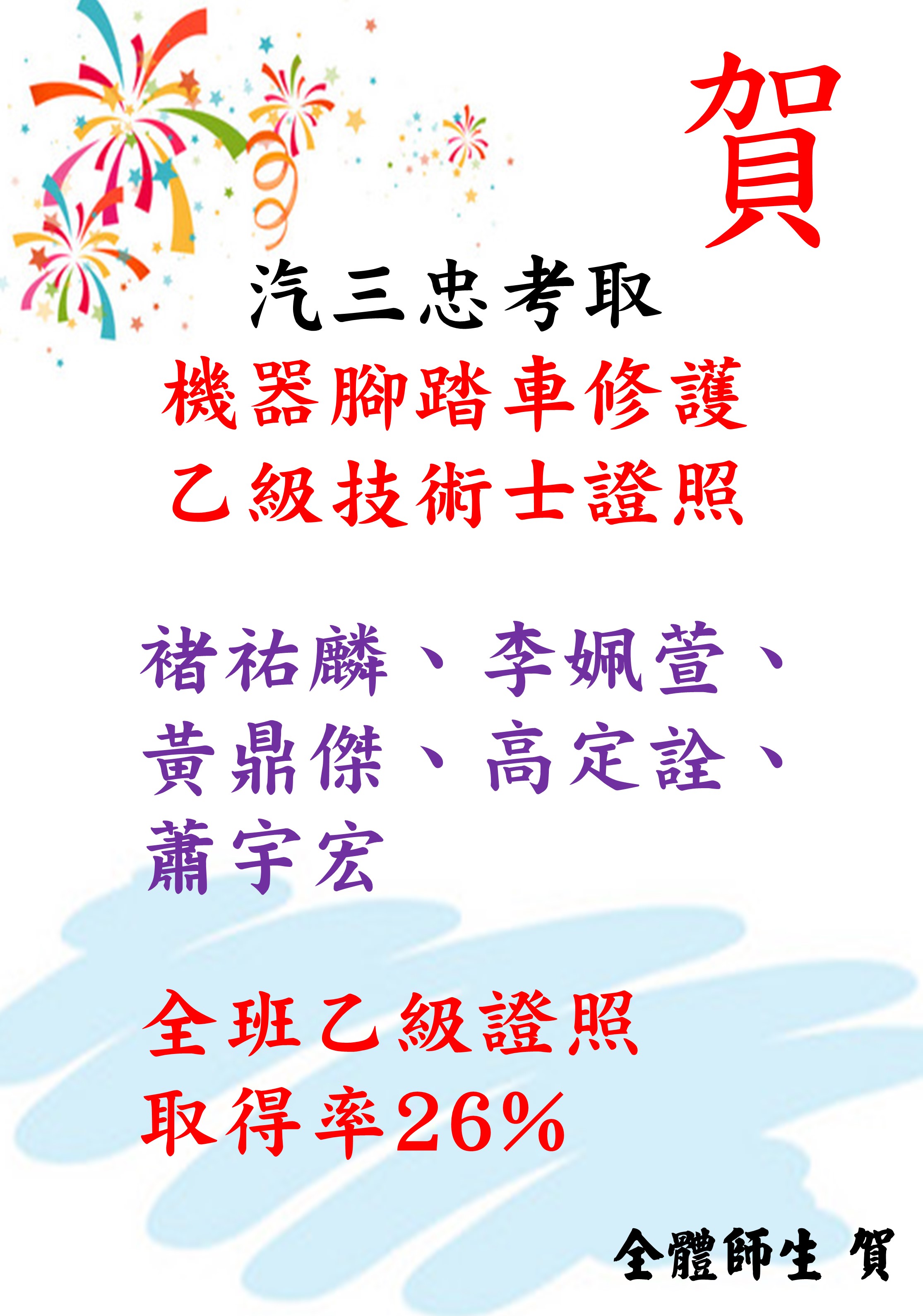 賀 111學年度汽車科 全班有五位同學考取機器腳踏車乙級證照