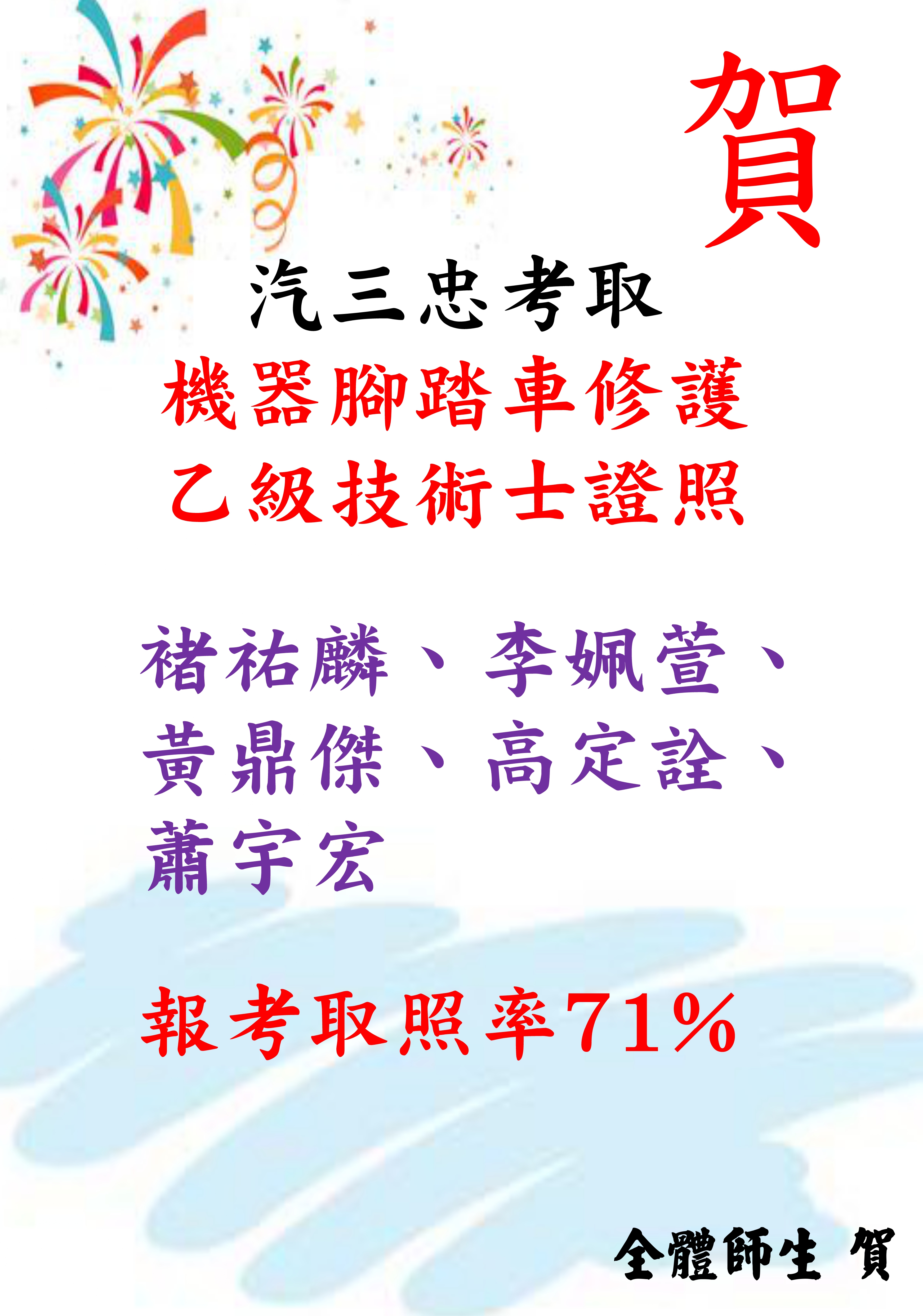 賀 111學年度汽車科 報考七位有五位同學通過 報考取照率71%