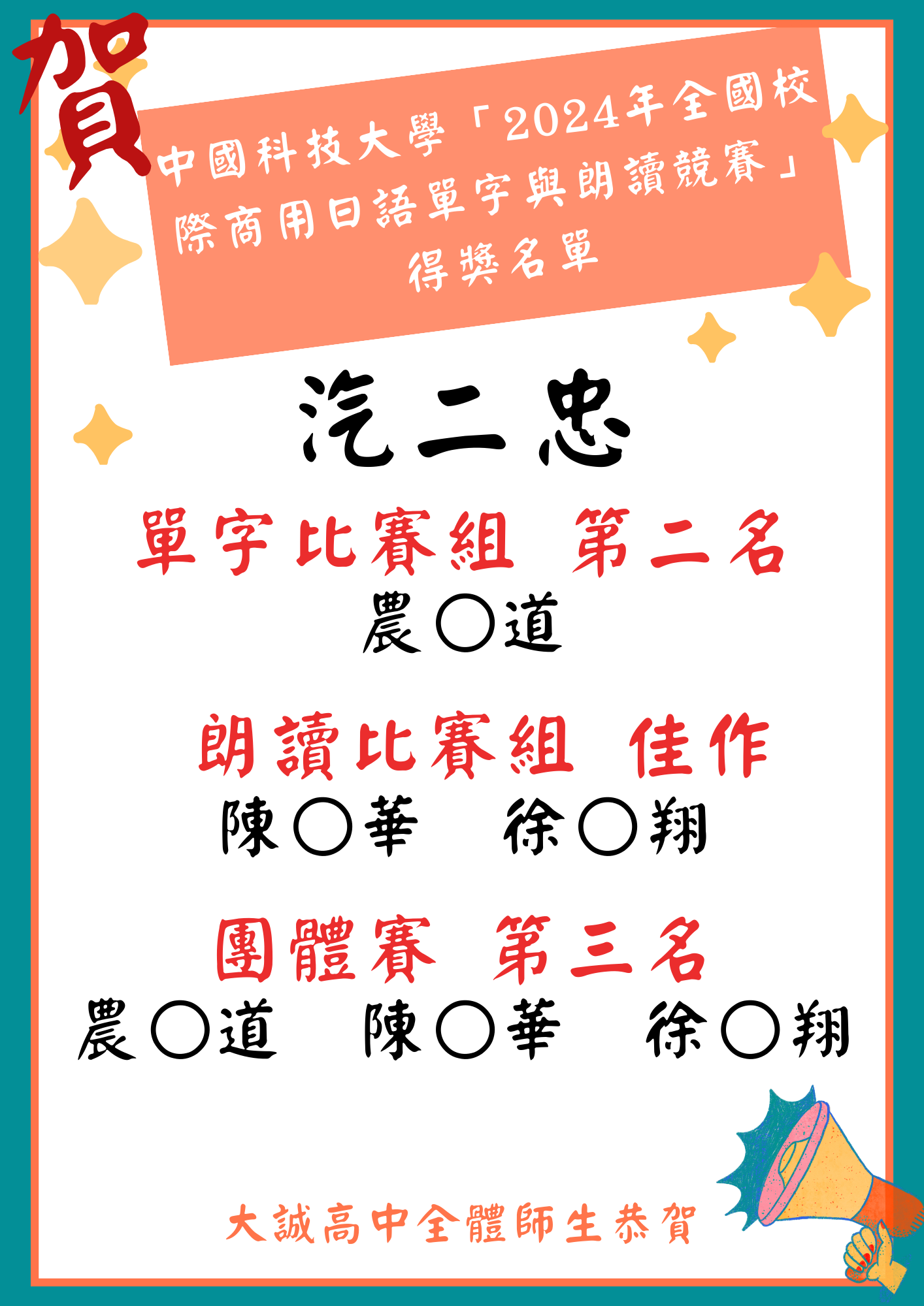 賀 汽二忠 2024 年全國校際商用日語單字與朗讀競賽榮獲佳績