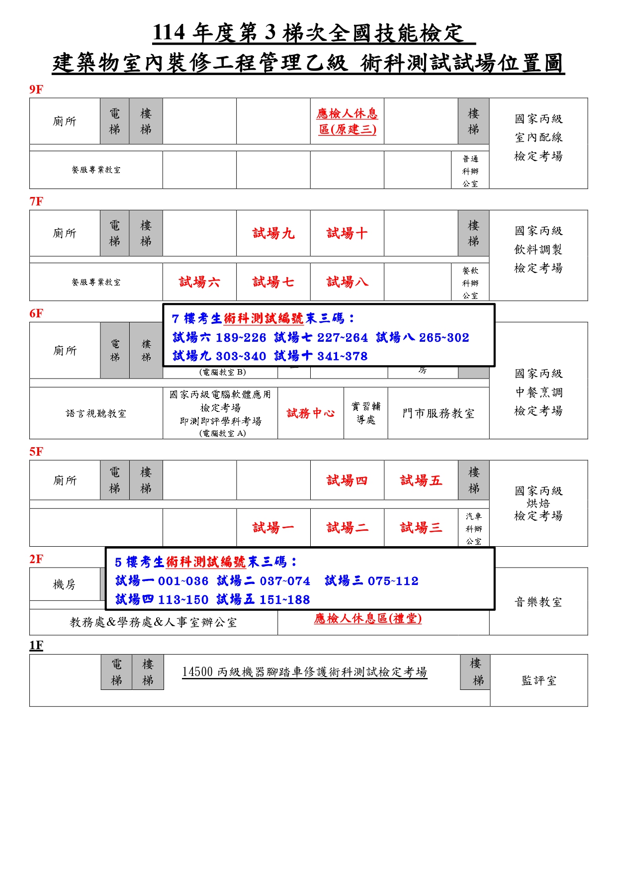 114-3全國技術士技能檢定建築物室內裝修工程管理乙級學術科考場位置平面圖